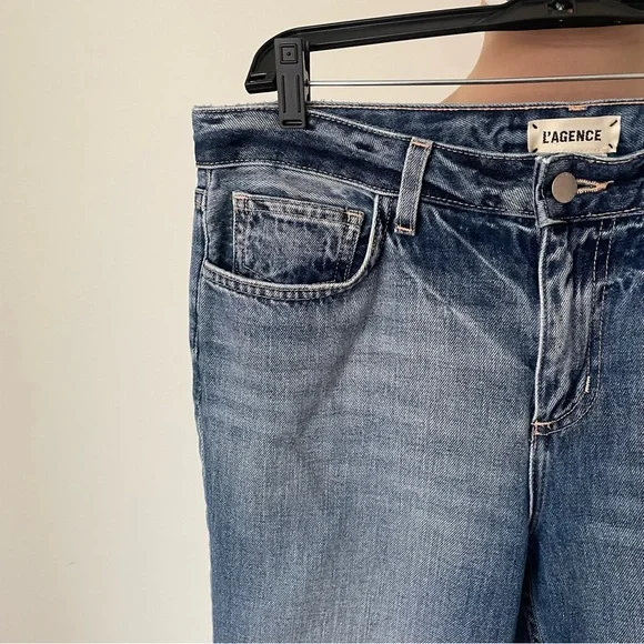 L'AGENCE Milana Westwood Blue Raw Hem Straight Leg Low Rise Stovepipe Jeans 28